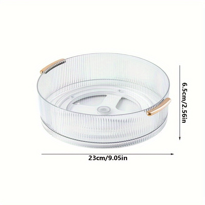 Transparent plastic cosmetic storage tray with handle and rotating base, ideal for organizing perfume, lipstick, jewelry, and other items on a desktop.