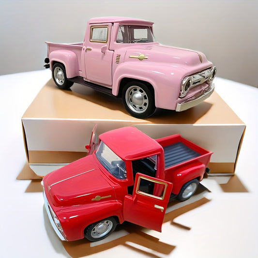 Vintage pink and red pickup truck ornament with chrome accents. Features openable doors and hood. No batteries needed. Perfect for home and office decor.