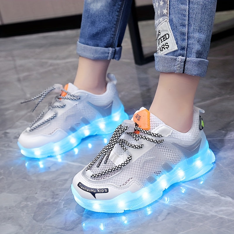 Children's LED light-up sneakers with breathable mesh, non-slip soft sole, and trendy street style for nighttime visibility, ideal for outdoor play and sports in white/blue/orange designs.