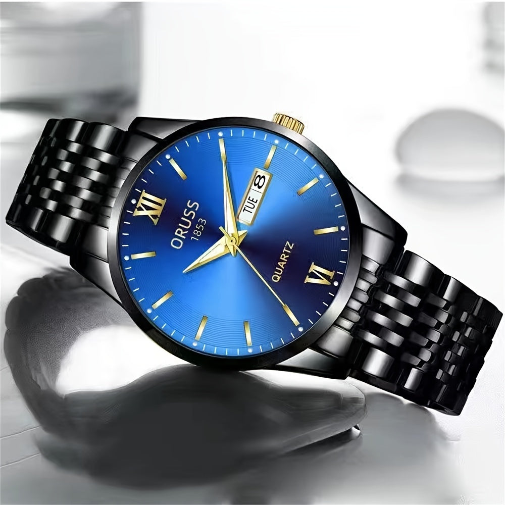 High-quality waterproof men's watch with glow-in-the-dark features and a calendar, perfect for the modern man looking to stay on trend in 2022. This steel watch is a stylish and practical gift option.