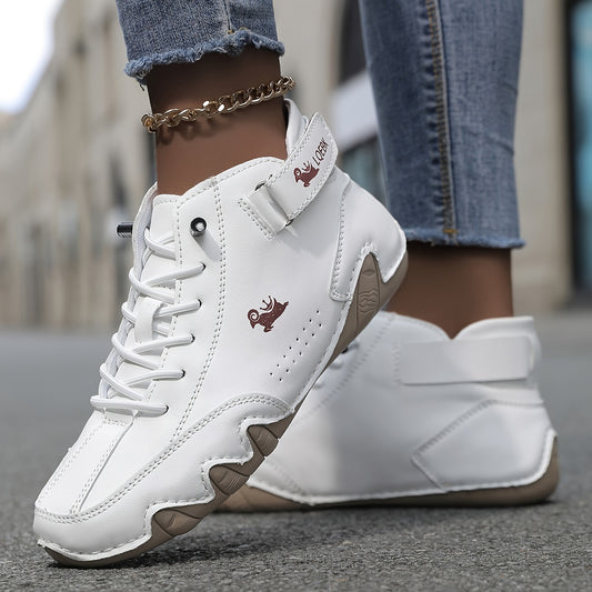 White octopus handcrafted sneakers for women with vintage lace-up style, durable rubber sole, breathable fabric lining, and chic logo detail. Perfect for motorcycle riding and fitness.