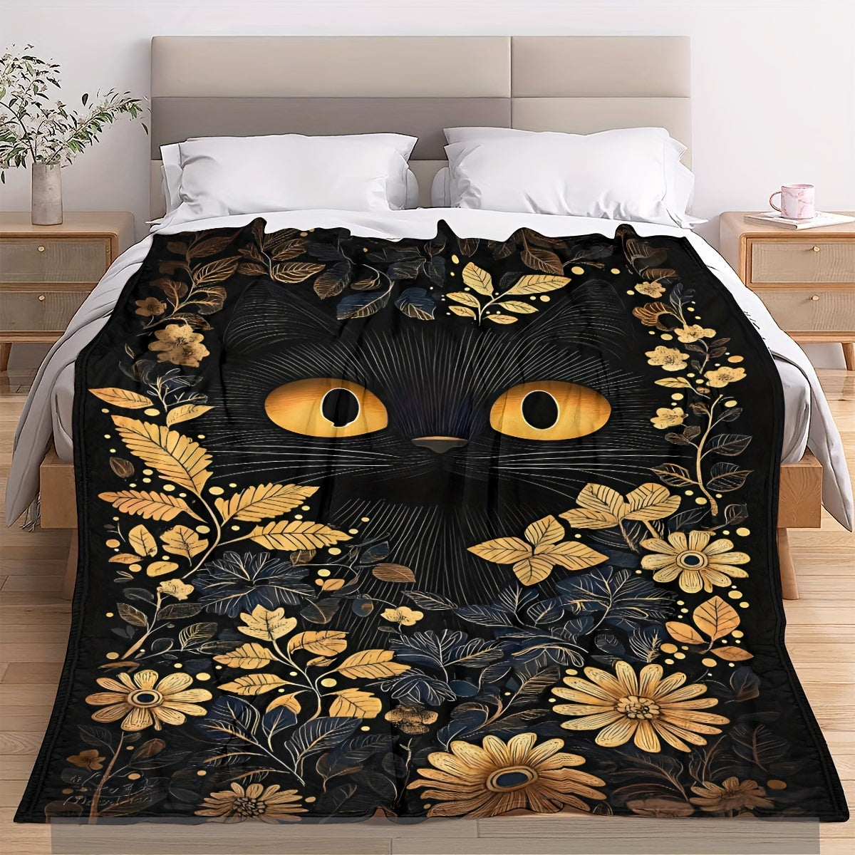 One-piece Halloween Black Cat Soft Plush Throw Blanket featuring a modern style that is suitable for both men and women. This all-season blanket is multifunctional and made from cozy flannel fabric weighing 200-250g. It has a polyester cover with a