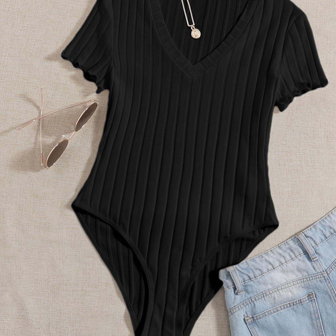 Solid V Neck Rib Knit Bodysuit for women