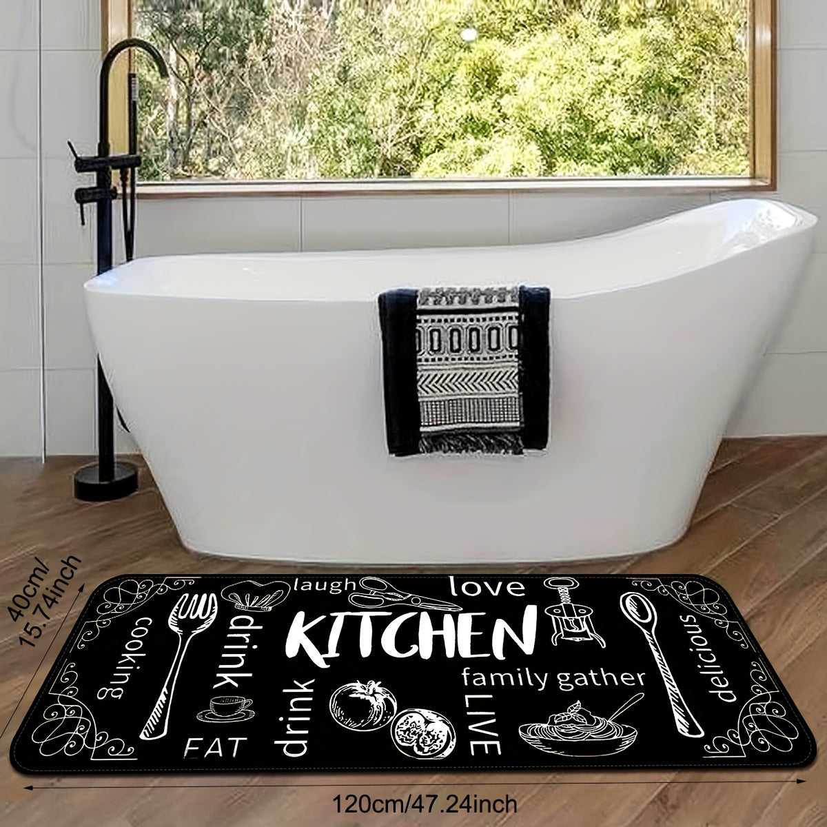 1pc Chic Black Kitchen Floor Mat featuring Cooking & Dining Themes, Non-Slip, Washable Polyester with Utensil Illustrations. Great for Doorways, Laundry Rooms, Bathrooms, and adds a Personal Touch to Home Decor.