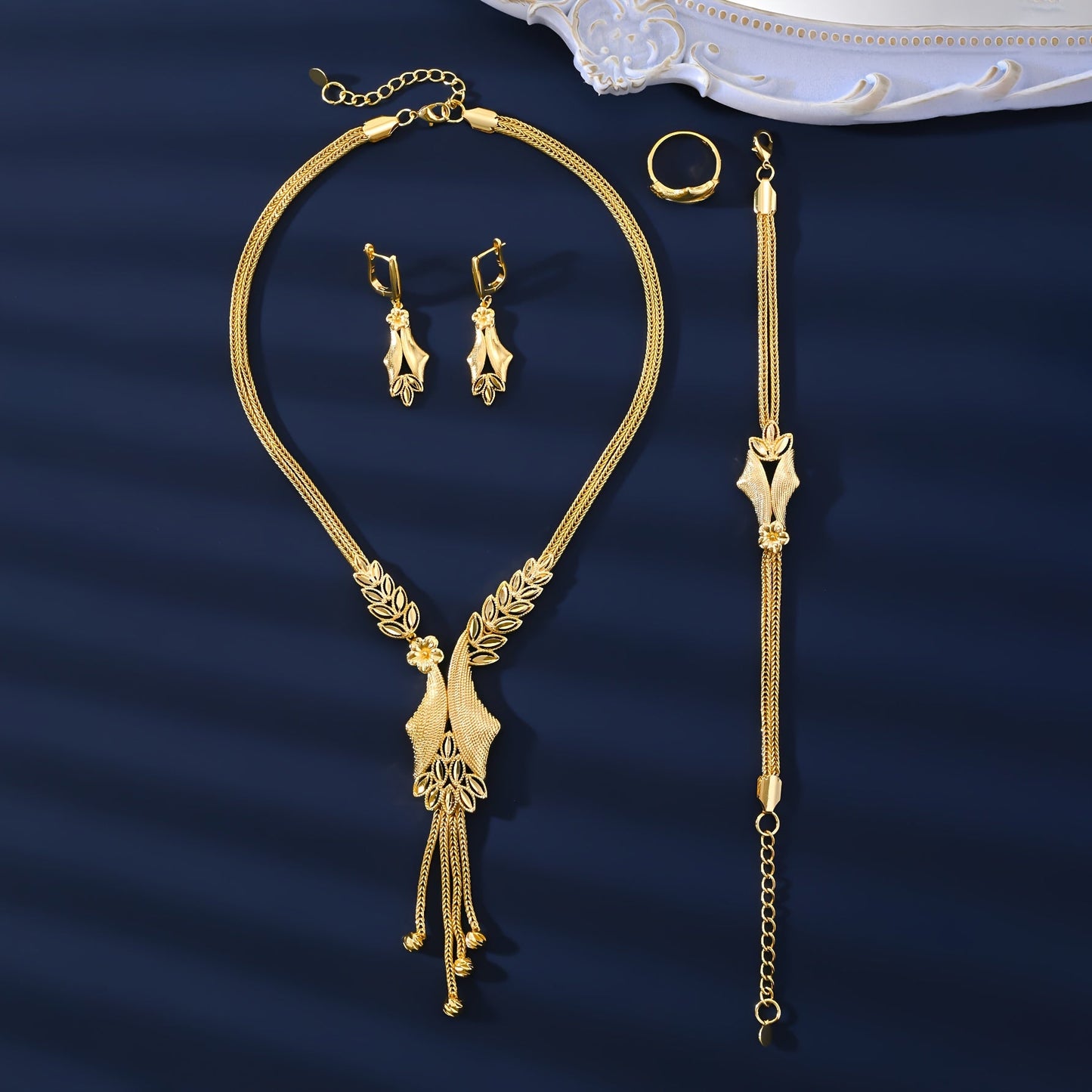 Vintage & Sexy Style 18K Golden Plated Copper Jewelry Set for Women, including Wedding Bridal Necklace, Bracelet, Ring, and Earrings. This all-season set is perfect for daily wear and gift giving.