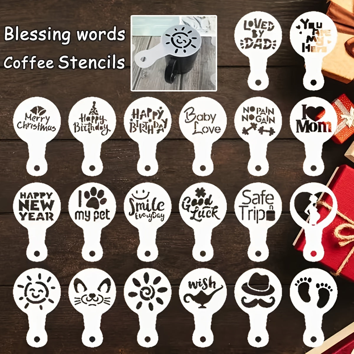 Set of 20 Coffee Stencils for Creative Foam Designs, Cake Decorations, and Cappuccino Art - Includes Powdered Sieve Tool, Easy to Use without Electricity, Made of Durable Plastic