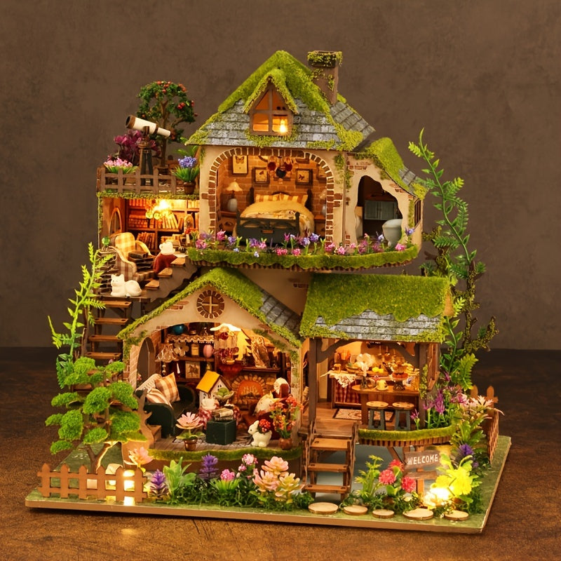 Forest Adventures 3D Wooden Puzzle House Model Kit, Handcrafted Dollhouse with Furniture, Educational, Artisan Craftsmanship, Ideal for Gifts, No Batteries Needed.