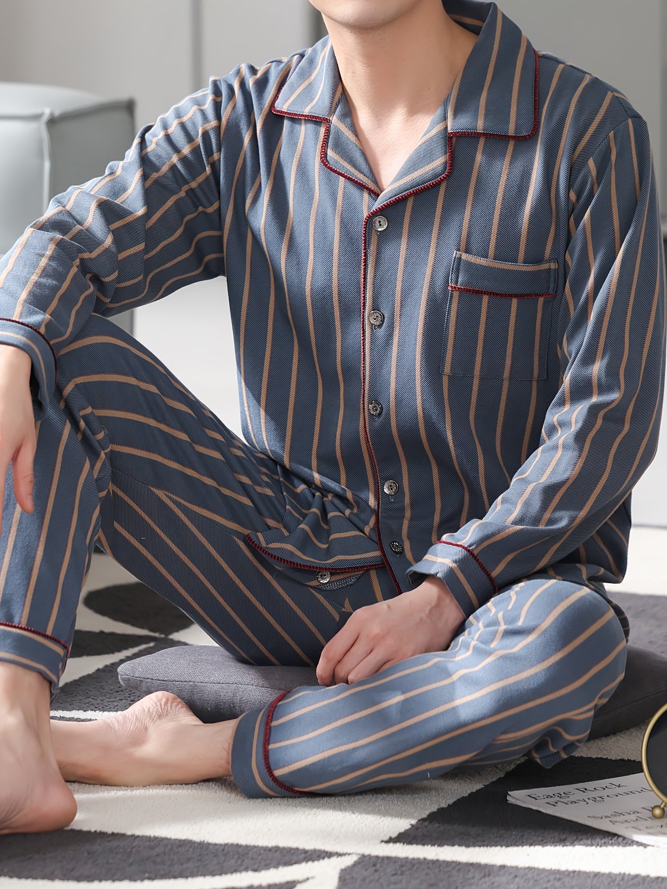 2 Men's Casual Striped Cotton Pajama Sets with Long Sleeve Lapel Shirt and Elastic Waist Pants