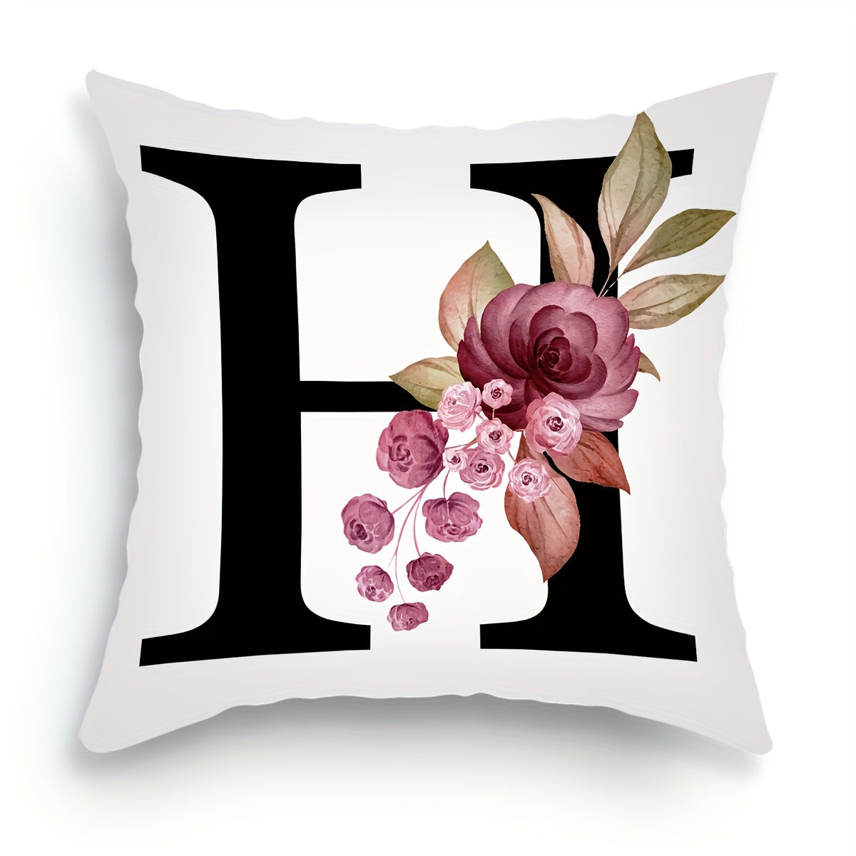 English letter flower print pillowcase for sofa cushions, 45.72cm x 45.72cm.