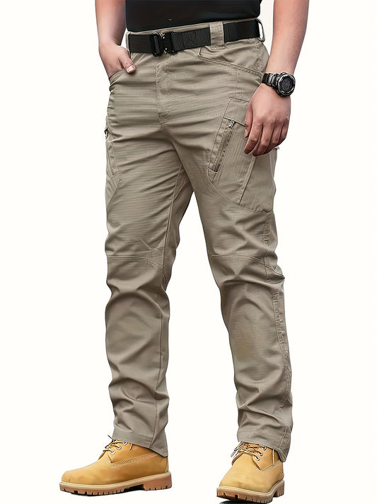 Men's tactical pants with multiple pockets, loose fit for outdoor activities, no belt included. Suitable for hiking.