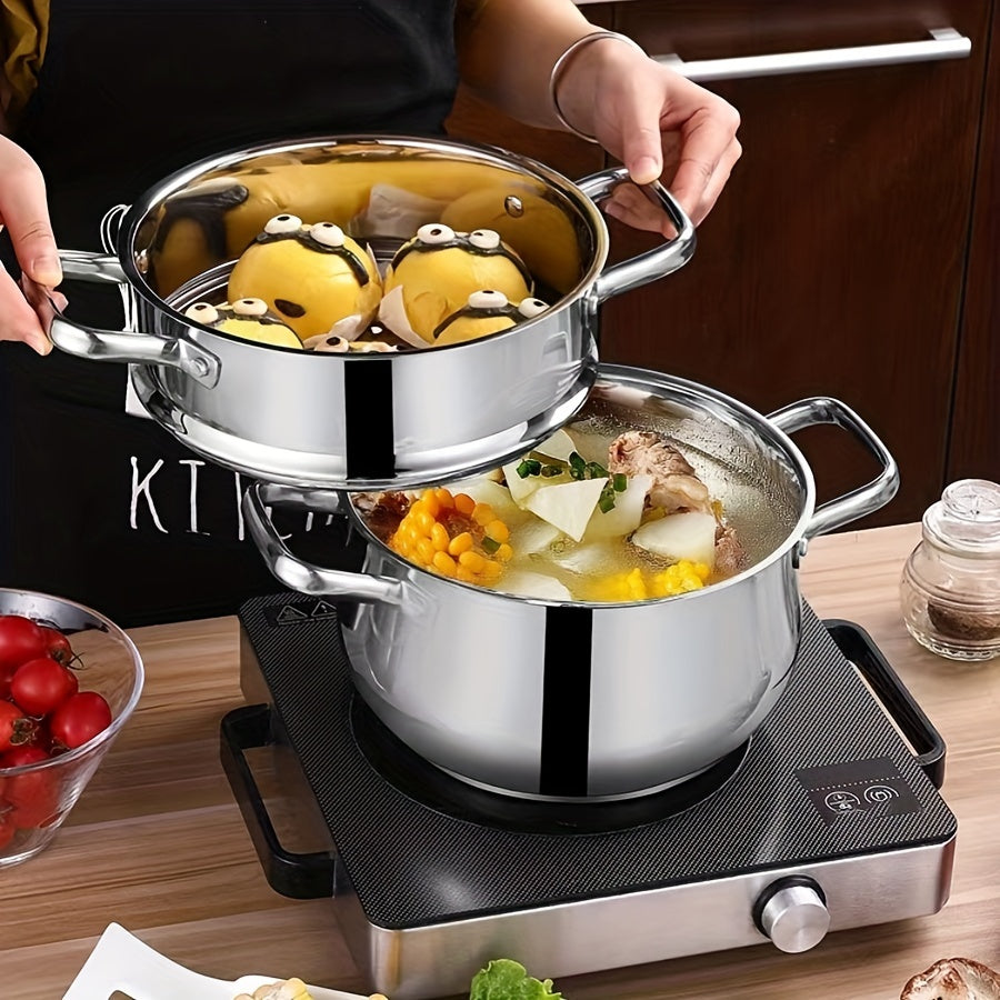 Thick Double-Layer Soup Pot with Curved Stainless Steel Handle - Versatile Cookware for Household Kitchens