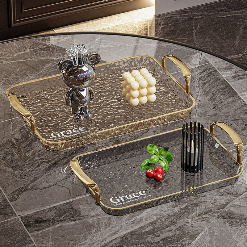 Golden-rimmed rectangular trays set, large PTE transparent platters with handles, ideal for fruits, snacks, pastries. Perfect for parties and festivals.