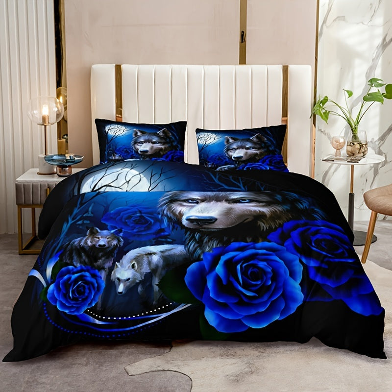 Fashionable 3-piece Duvet Cover Set featuring a striking Wolf Blue Rose Print design. This bedding set is made of soft, comfortable, and breathable material, perfect for adding style and comfort to your bedroom or guest room. Set includes 1 Duvet Cover