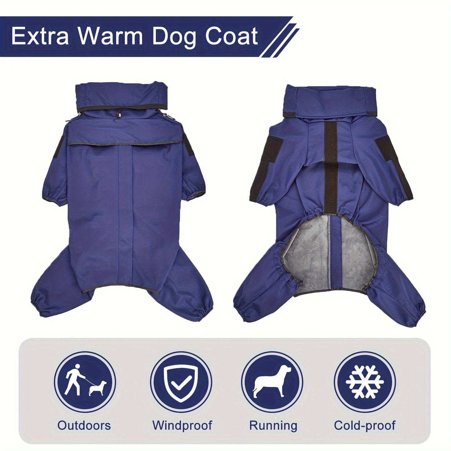 Winter dog jacket with fleece lining, windproof and waterproof, suitable for small to large breeds. Zip-up ski suit for pets.