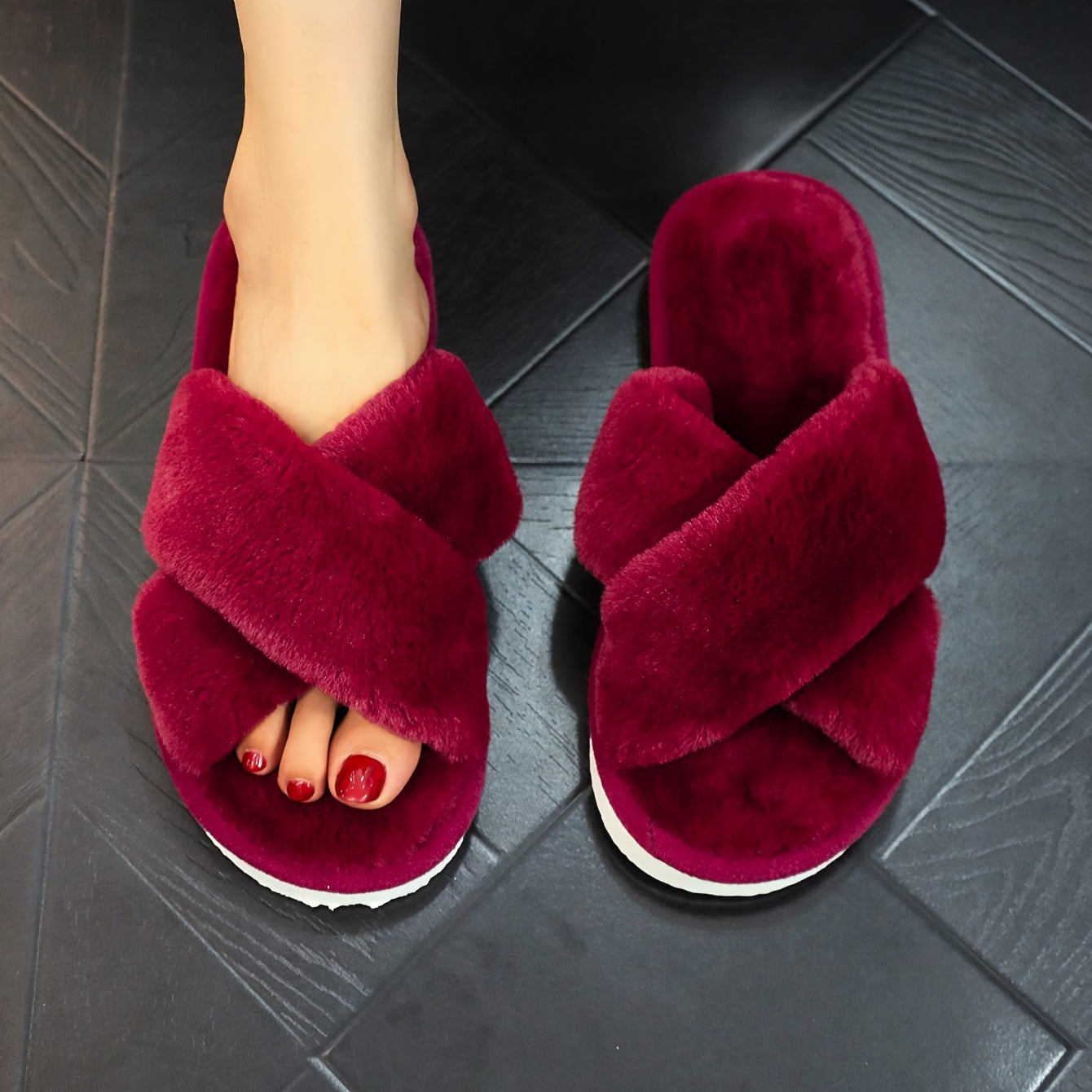 Soft and cozy plush women's slippers with open toe, cross strap design and quiet, warm sole for indoor comfort. Perfect for all seasons.