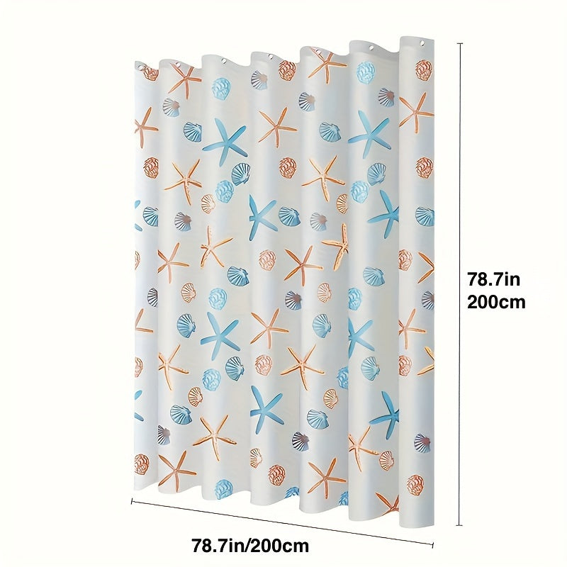 Durable plastic shower curtain liner with starfish shells design, waterproof, transparent, 180.34cm W x 180.34cm H, perfect for ocean-themed bathrooms.