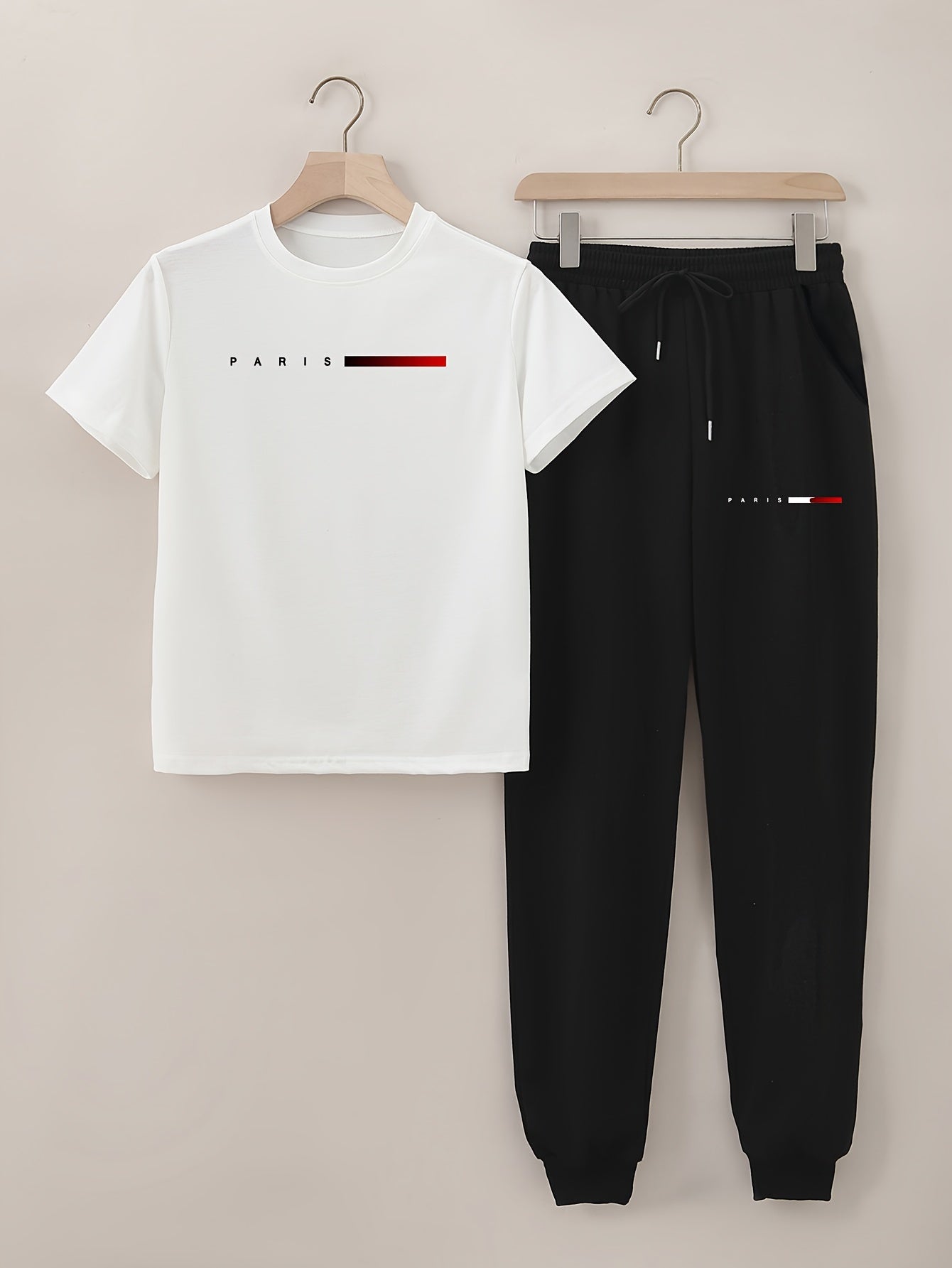 PARIS Simple Letter Print T-shirt and Trousers Set for Men, Young Students - Loose Fashion Trend Casual Sports Wear for Summer