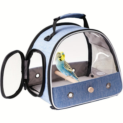 Portable bird travel carrier cage with linen zipper closure, small size suitable for budgies, parakeets, parrots, conures, and cockatiels. Features wooden perch mount, absorbent pad, soft