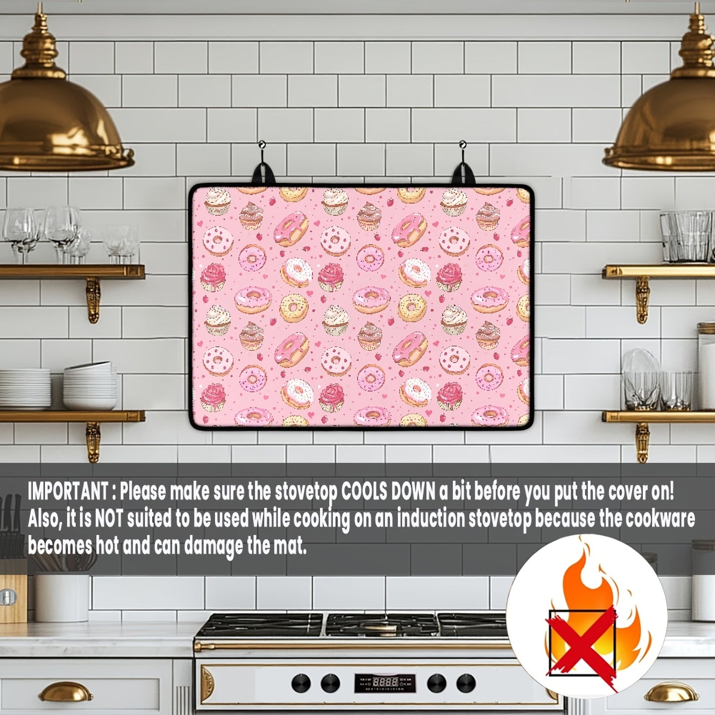 Heat-resistant stovetop cover featuring a fun donut pattern made of durable polyester. This non-slip cooktop protector mat is safe for glass ceramic stovetops and also doubles as a rubber anti-scratch ironing pad. A versatile kitchen accessory that adds