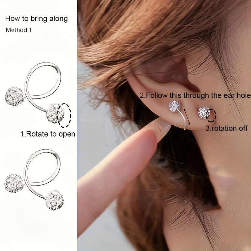 Luxury spiral rod ball earrings made of stainless steel and 925 silver with rhinestone inlay, perfect for daily wear or as a gift.