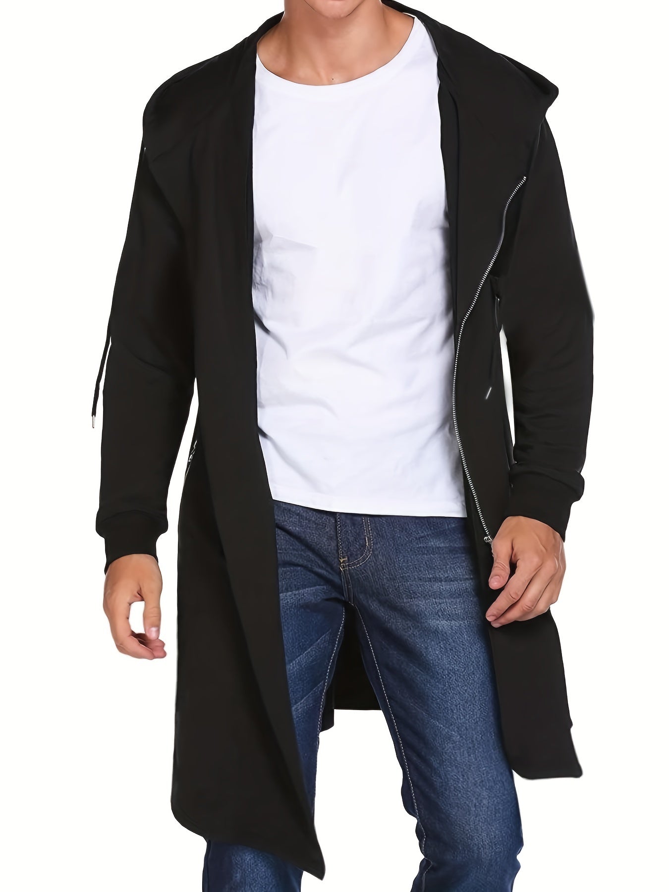 Fall/Winter Asymmetric Hooded Zip Jacket for Plus Size Men.