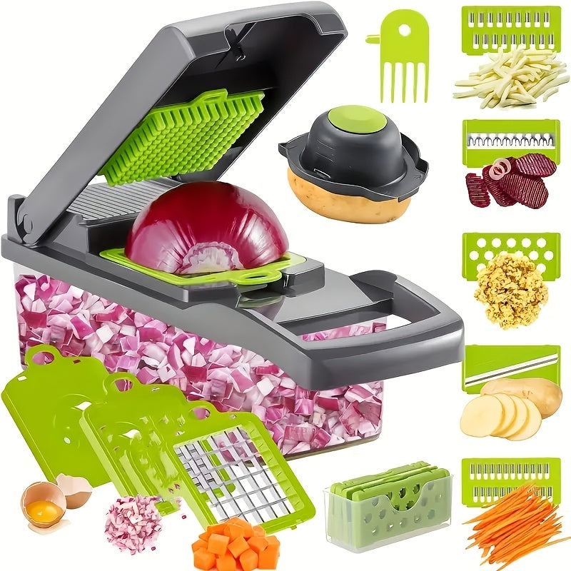 Get ready to slice, dice, and julienne your vegetables in a snap with this 16-piece multifunctional vegetable slicer and dicer! Featuring interchangeable blades for easy meal prep, this set includes a slicer with 8 blades and a convenient container for