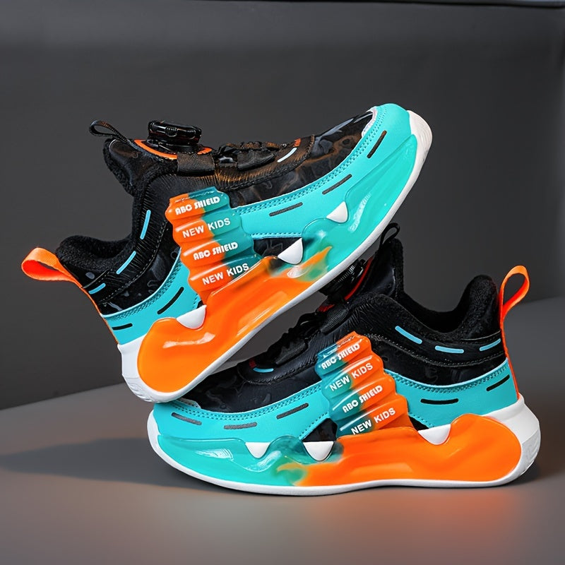 Mid-top youngsters athletic sneakers with breathable and non-slip design. Features hook-and-loop fastener strap, colorful cloud pattern, and letter design. Durable EVA sole suitable for all