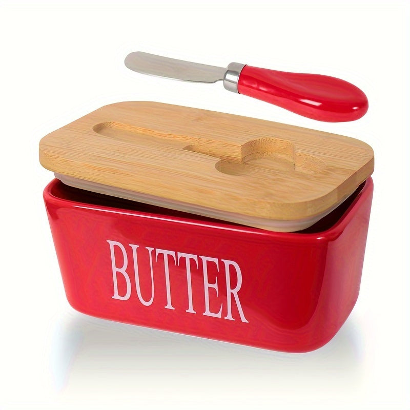 A complete set including a butter dish with a bamboo lid and butter knife, this large ceramic butter box is perfect for kitchen baking and gifting. It serves as an airtight butter keeper container for countertop or refrigerator storage. Ideal for home