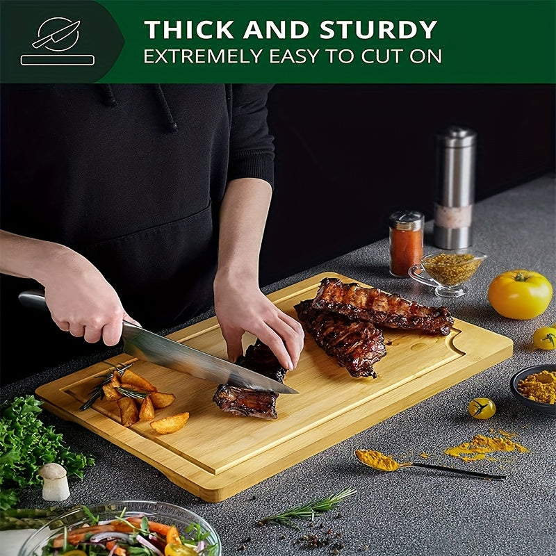 Set of 3 bamboo cutting boards with juice grooves, perfect for chopping meat and veggies. Features easy grip handles and makes a great kitchen gadgets gift.