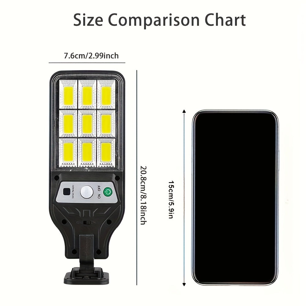 Motion sensor solar wall light with 9COB LED, remote control, 3 modes, and infrared for outdoor security.