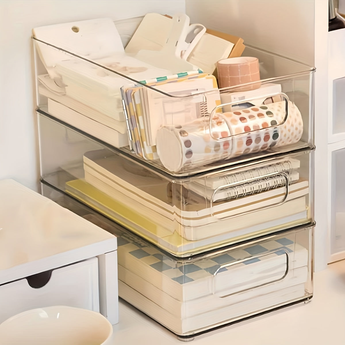 Clear plastic storage bins with handles - stackable desktop organizer drawers for various items - countertop basket for home or office essentials - no electricity required.