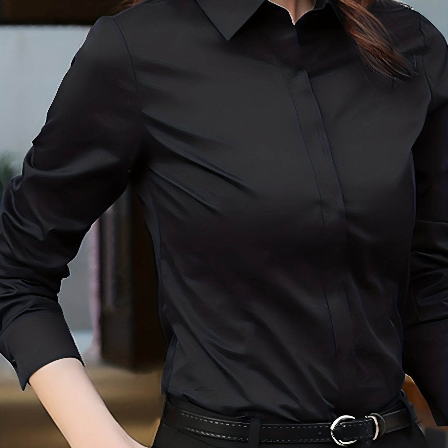 Women's 100% polyester long sleeve blouse in solid color, lapel collar, non-stretch woven fabric with placket. Sexy and professional style, anti-wrinkle, suitable for spring/summer/fall.