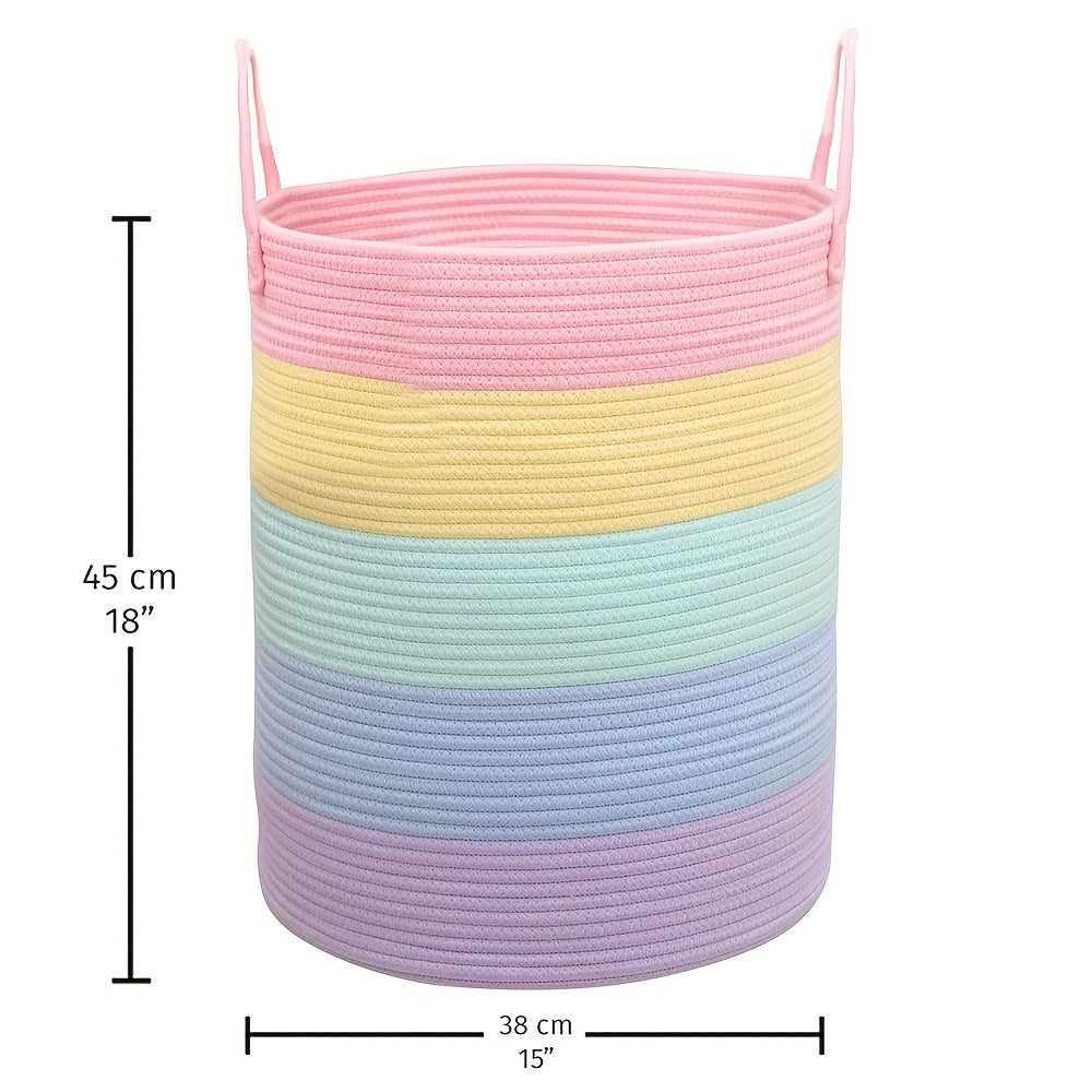 Vibrant rainbow woven basket with handles - 38.1x45.72cm tall for laundry and toys. Ideal for playroom, living room, or youngsters' bedroom. Striped design, durable fabric, easy to carry.