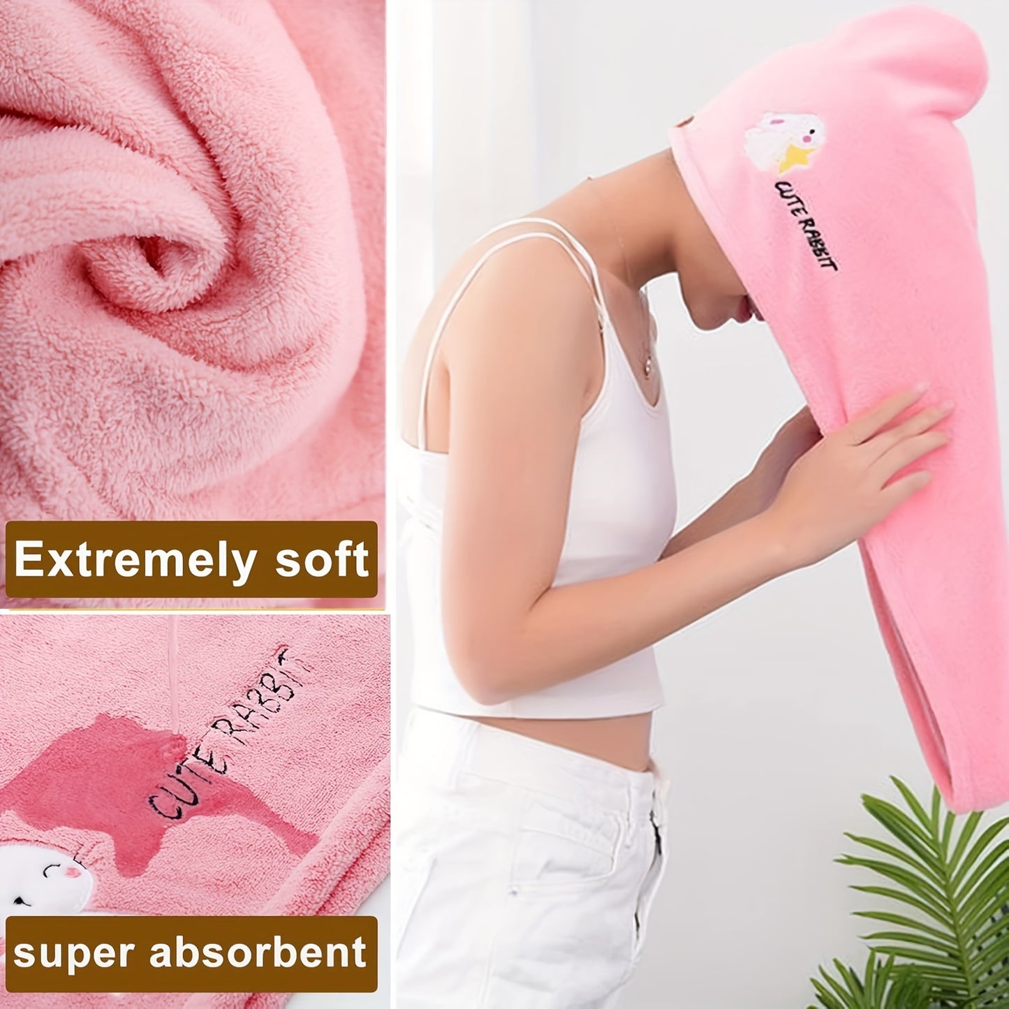 Ultra-absorbent microfiber hair towel wrap in cute cartoon designs - quick dry, lightweight shower cap for women. Available in blue, purple, yellow, pink. Soft and comfortable polyester blend.