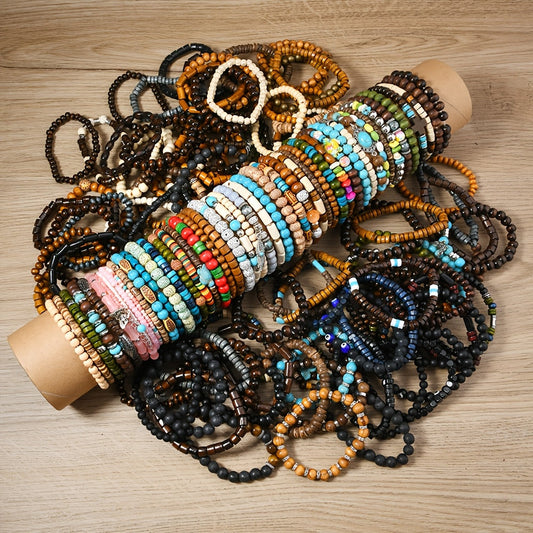 Set of 12 or 24 Autumn/Winter Mixed Pack Stackable Elastic Wire Bracelets for Women, Handmade with Outdoor Splicing of Wooden Beads for a Combination Hand Ornament.