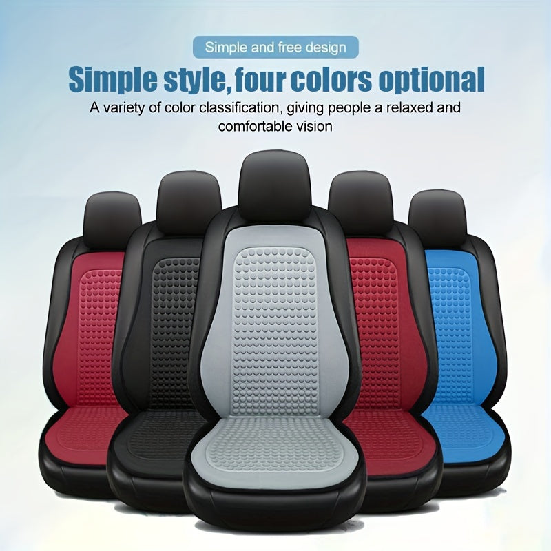 Cooling car seat cushion with breathable fabric, easy install and no-tie design for all seasons.