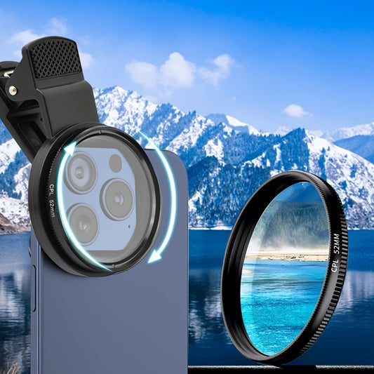 Universal CPL Polarizing Filter for smartphones and DSLR cameras reduces glare and reflections, compatible with various devices.