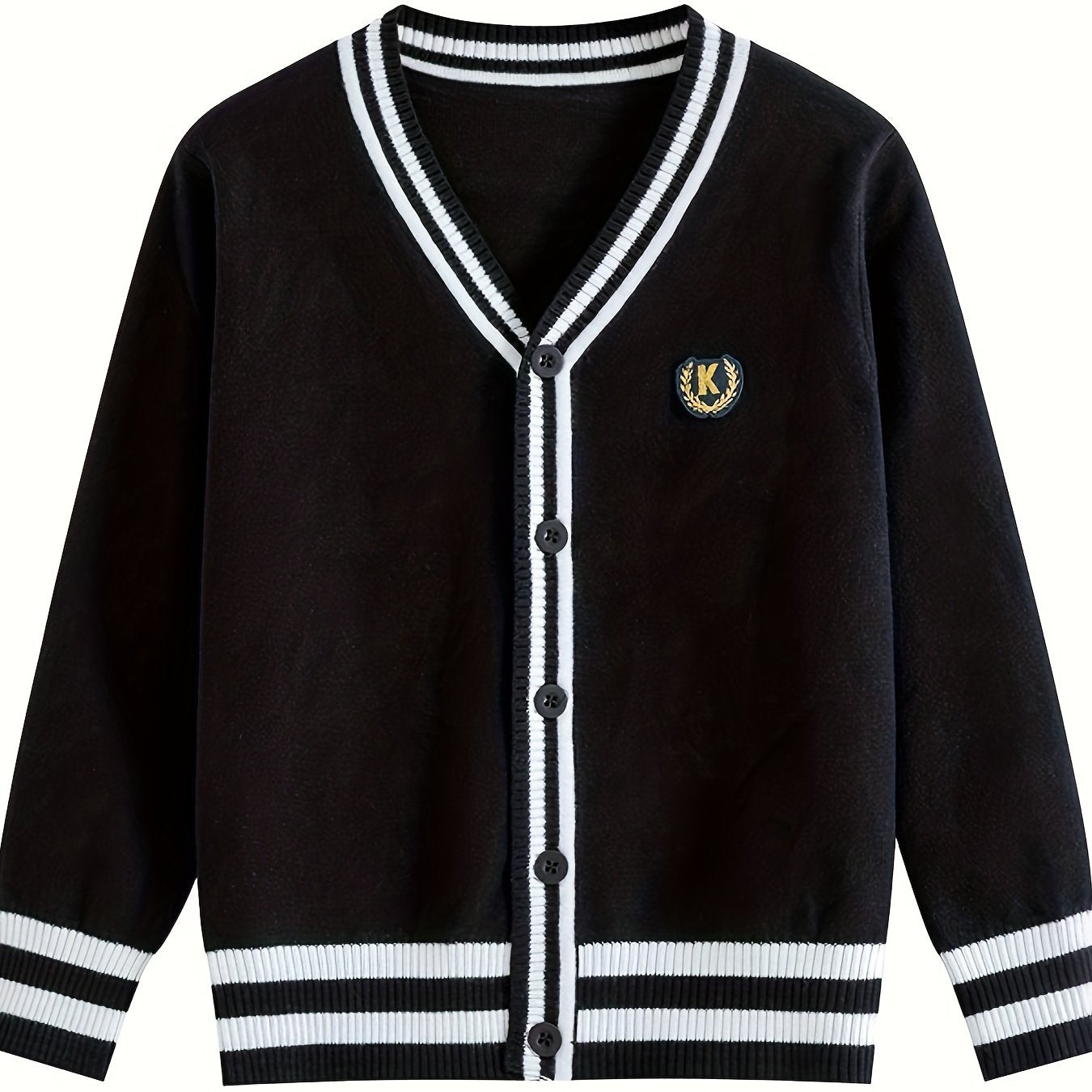 Youngsters' black and white striped V-neck cardigan with "K" logo, suitable for boys and girls in spring and fall. Perfect for school uniforms, stylish and versatile.