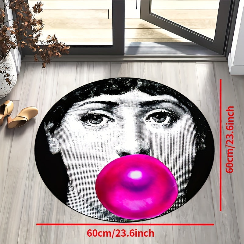 Round non-slip rug featuring a woman blowing bubbles with powder, perfect for entryways, living rooms, bedrooms, outdoor patios, gardens, and yards. Machine washable and suitable for use as a decorative accent in your home or outdoor space. Also can be