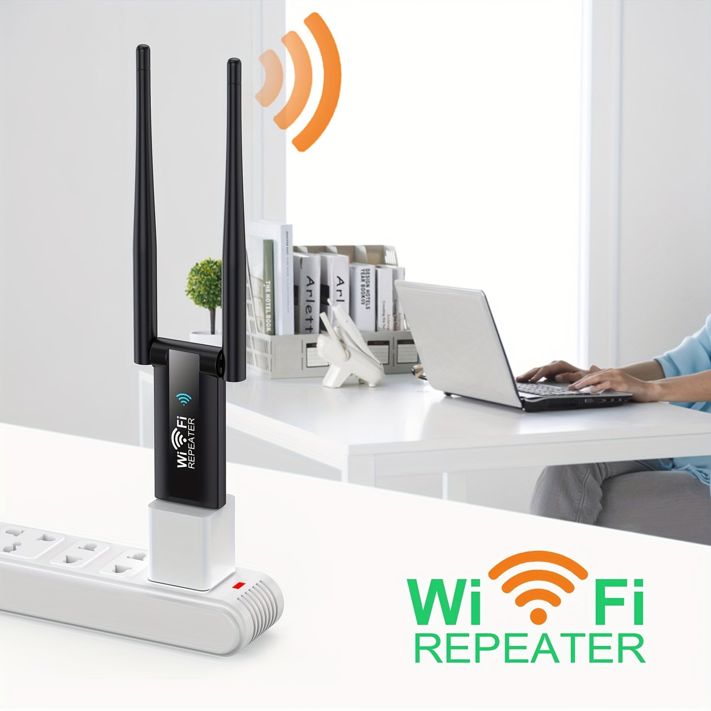 Wireless Repeater Extender boosts WiFi signal for upstairs and downstairs areas with dead spots, providing 300Mbps network speed.