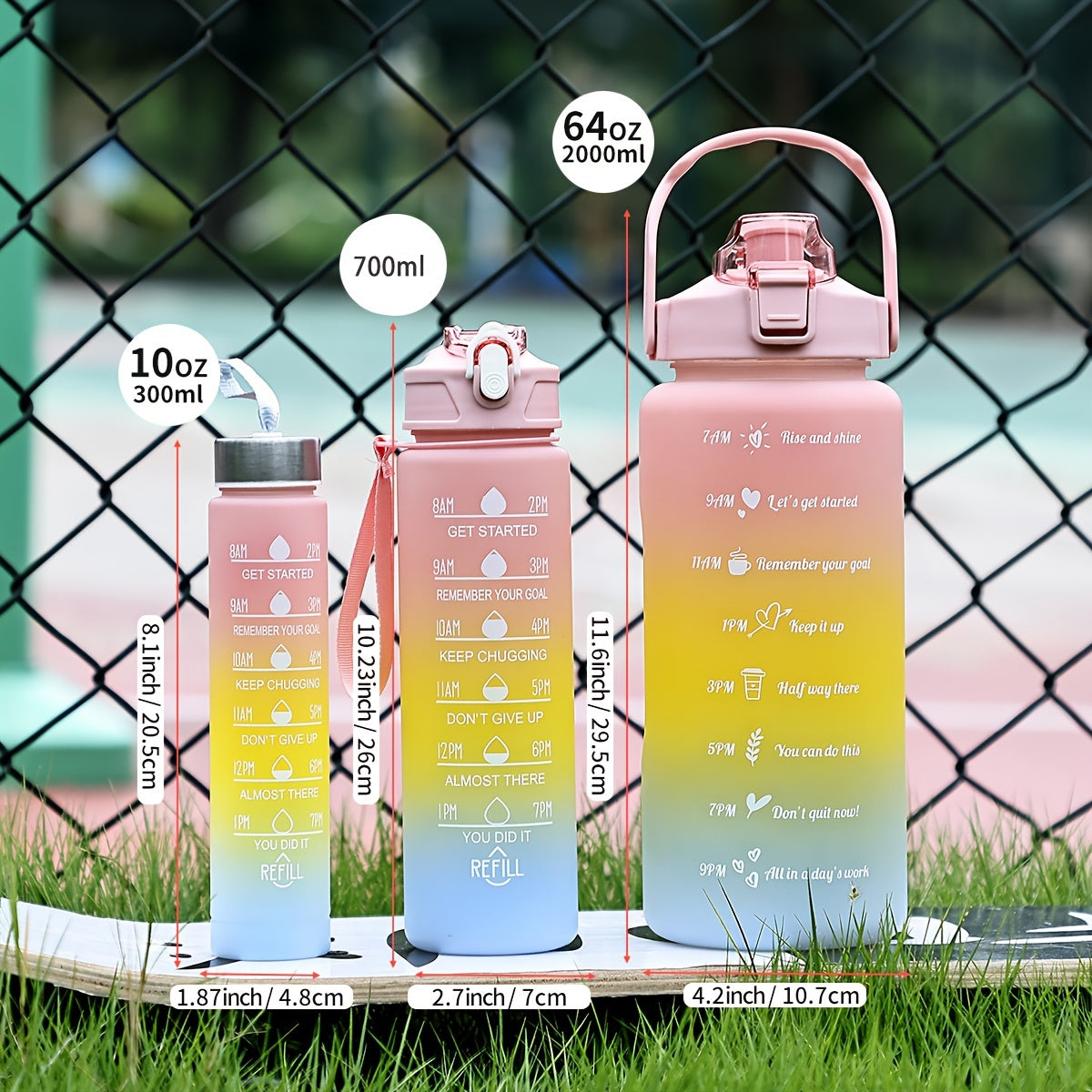 Lightweight sports water bottle with straw, gradient color, motivational phrases, large capacity, BPA-free, ideal for hiking and camping.