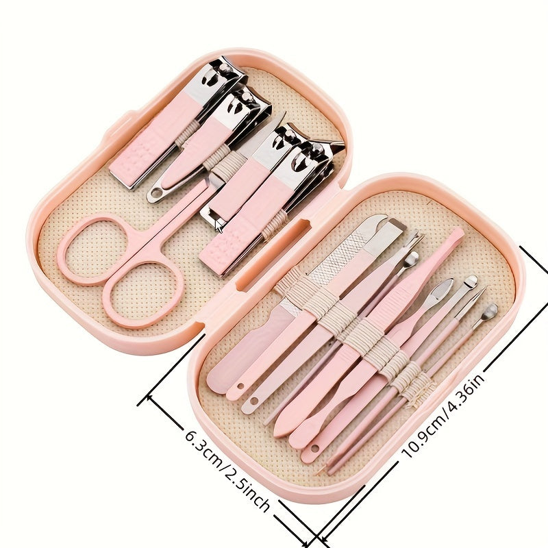 Portable nail art tool set for home use including nail clippers, ear spoon, acne needle, and nail beauty tools.