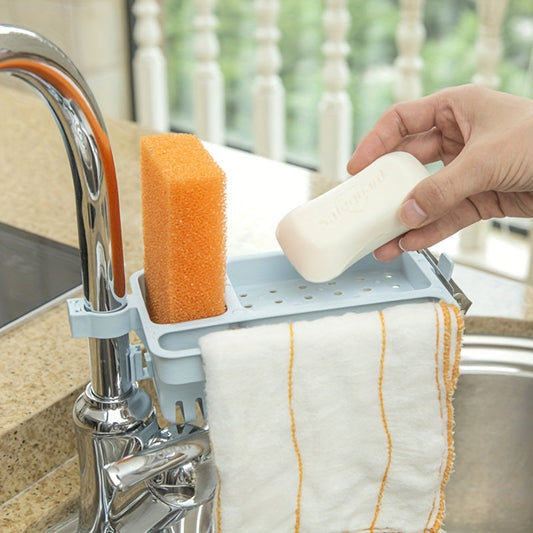 This plastic soap holder caddy with a drain is perfect for keeping your sink organized. It has open storage for sponges, cloths, and brushes, and requires no electricity. This kitchen and bathroom accessory is a must-have!