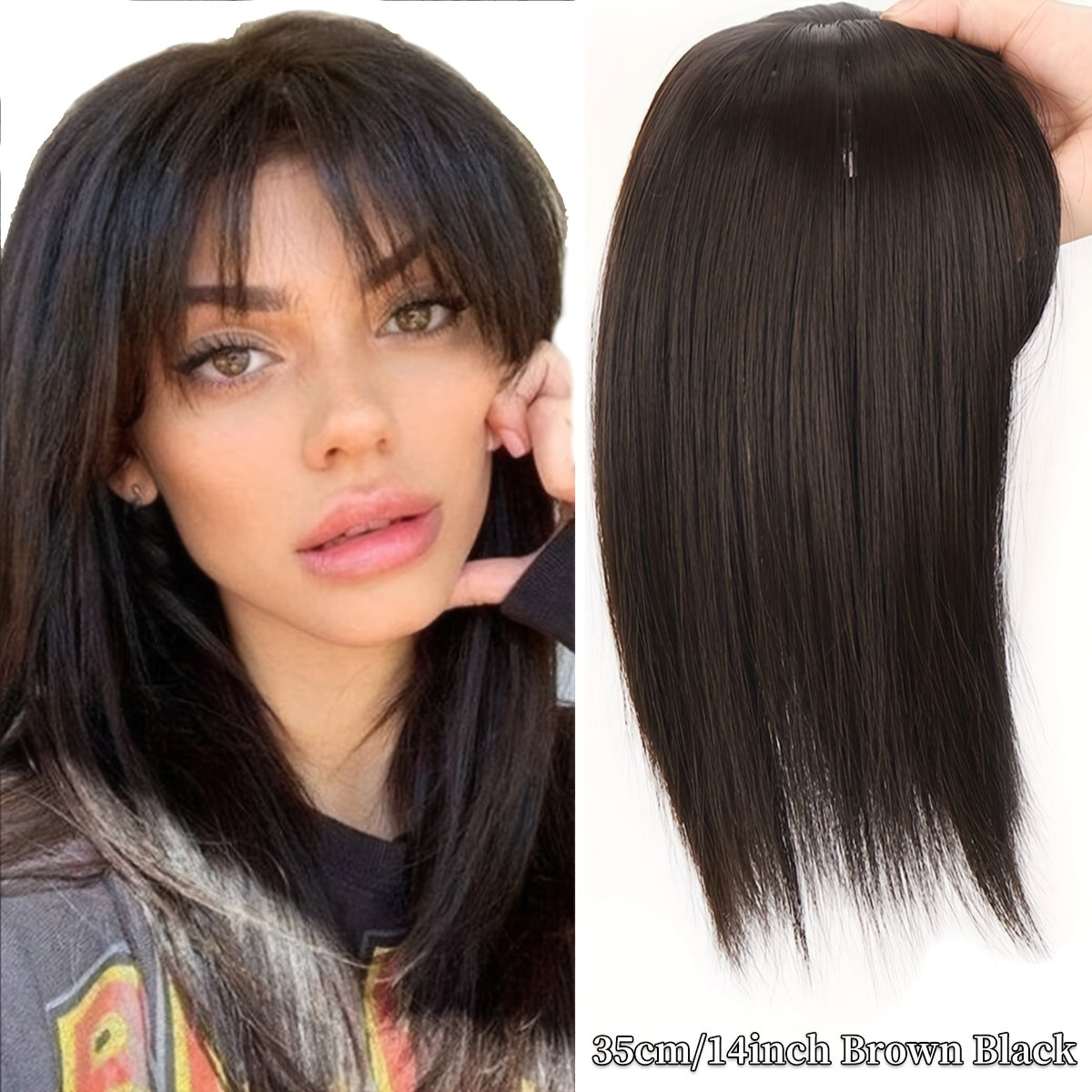 Straight synthetic hair pieces for women that seamlessly clip in to provide a natural-looking bang, with an invisible white cover and hair clips.