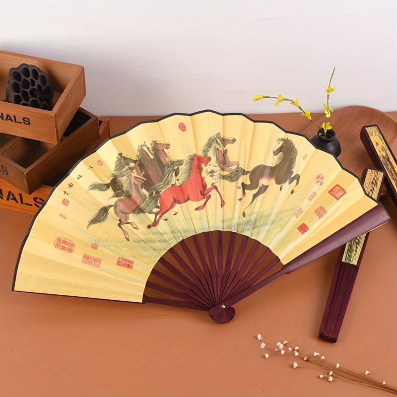 Ancient Style Chinese Fan with Exquisite Peony Plum Eight Jun Picture, 8-Inch Folding Fan