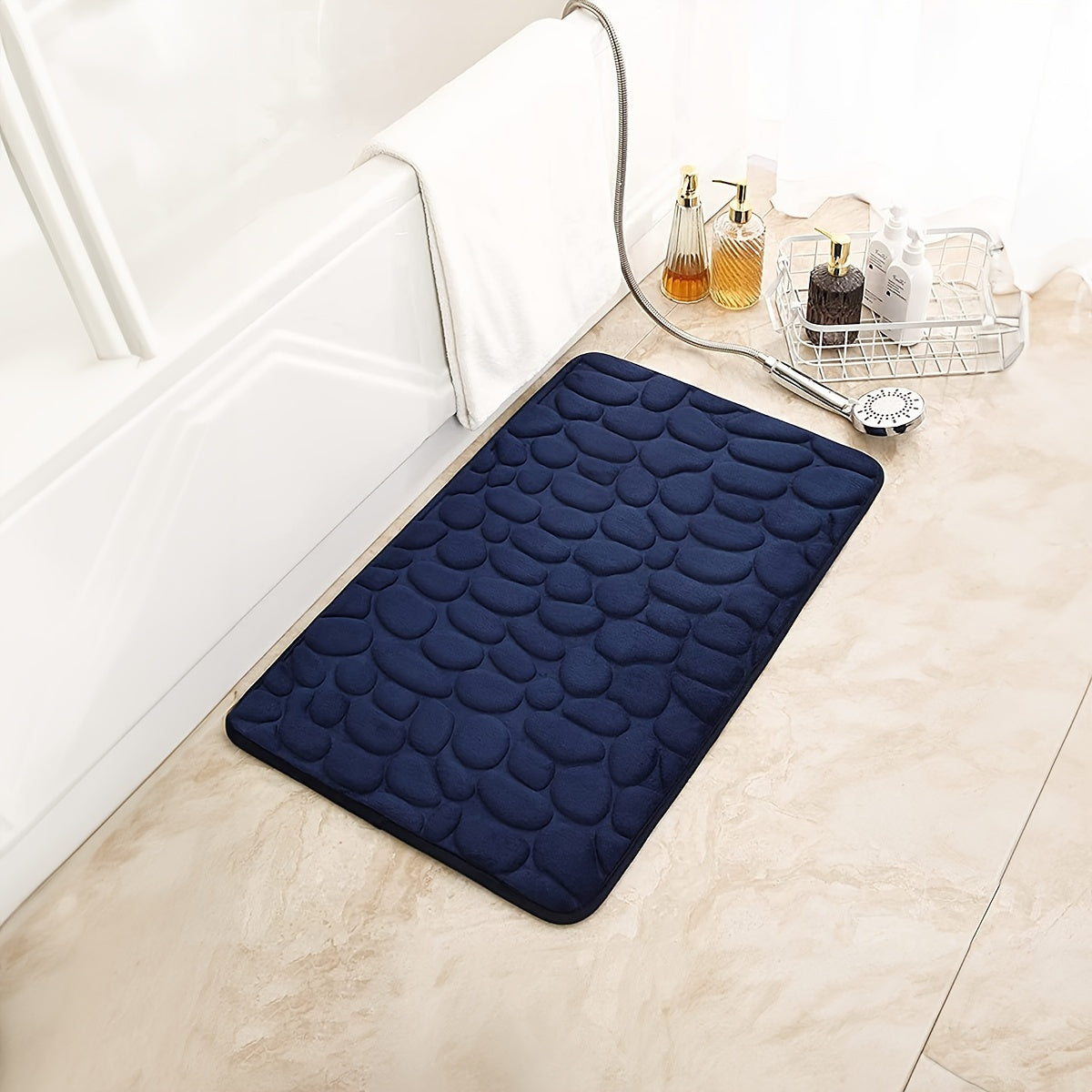 1 piece of Pebble Pattern Floor Mat made with memory cotton for the bathroom, designed to absorb water at the doorstep, featuring a non-slip backing for added safety. Can also be used as a carpet.