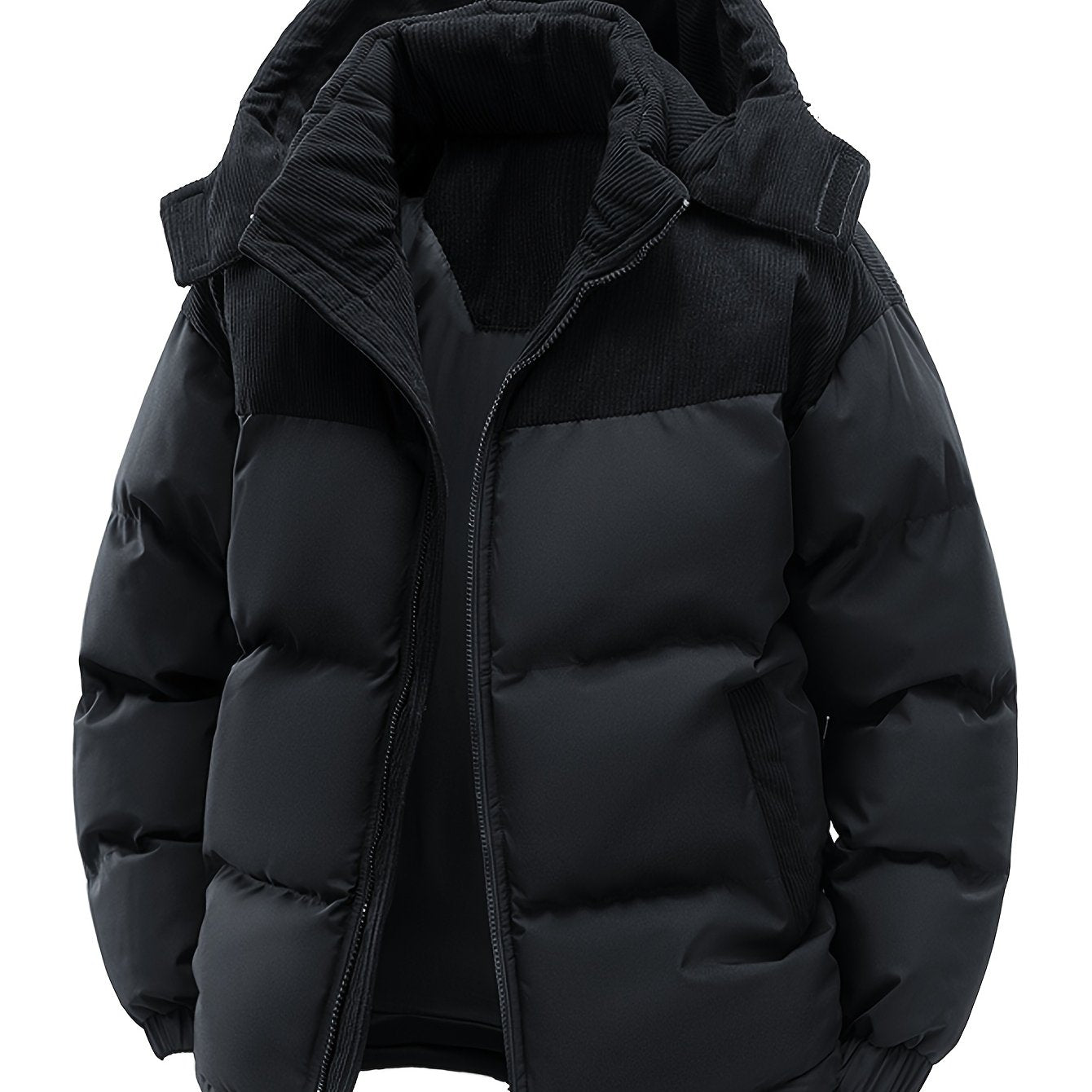 Men's Thick Winter Parka Jacket with Hood - Casual Polyester Ski Coat, Long Sleeve, Solid Color Pea Coat