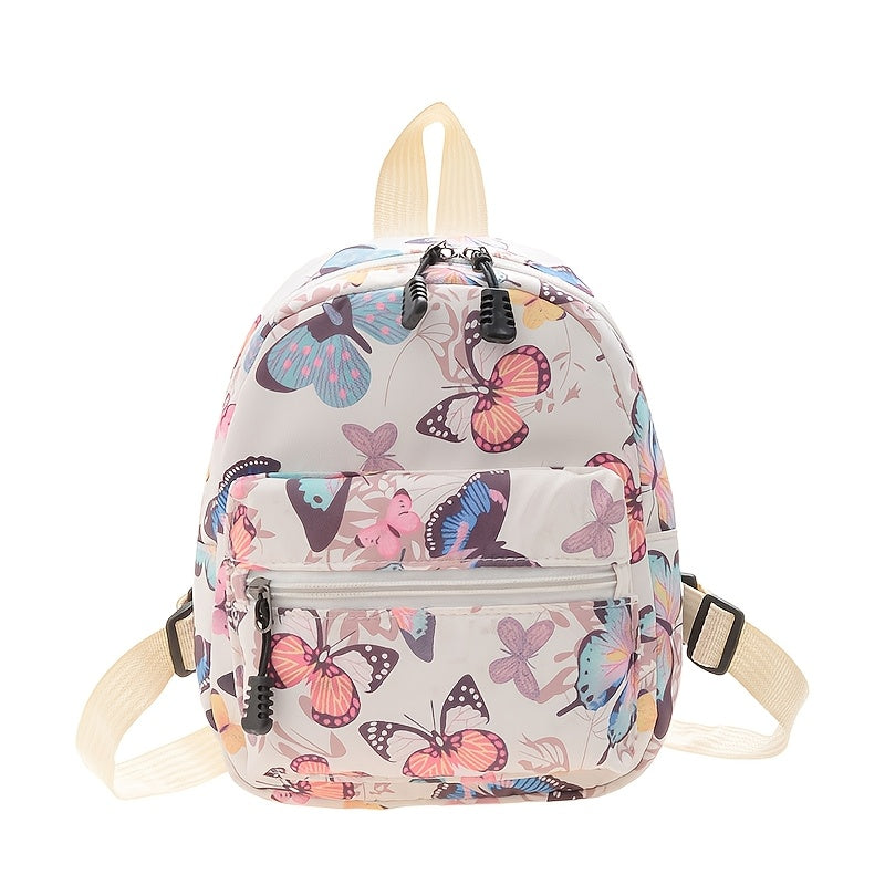 Playful butterfly-printed backpack for girls in preppy style with adjustable strap, white polyester lining. Hand wash or dry clean.