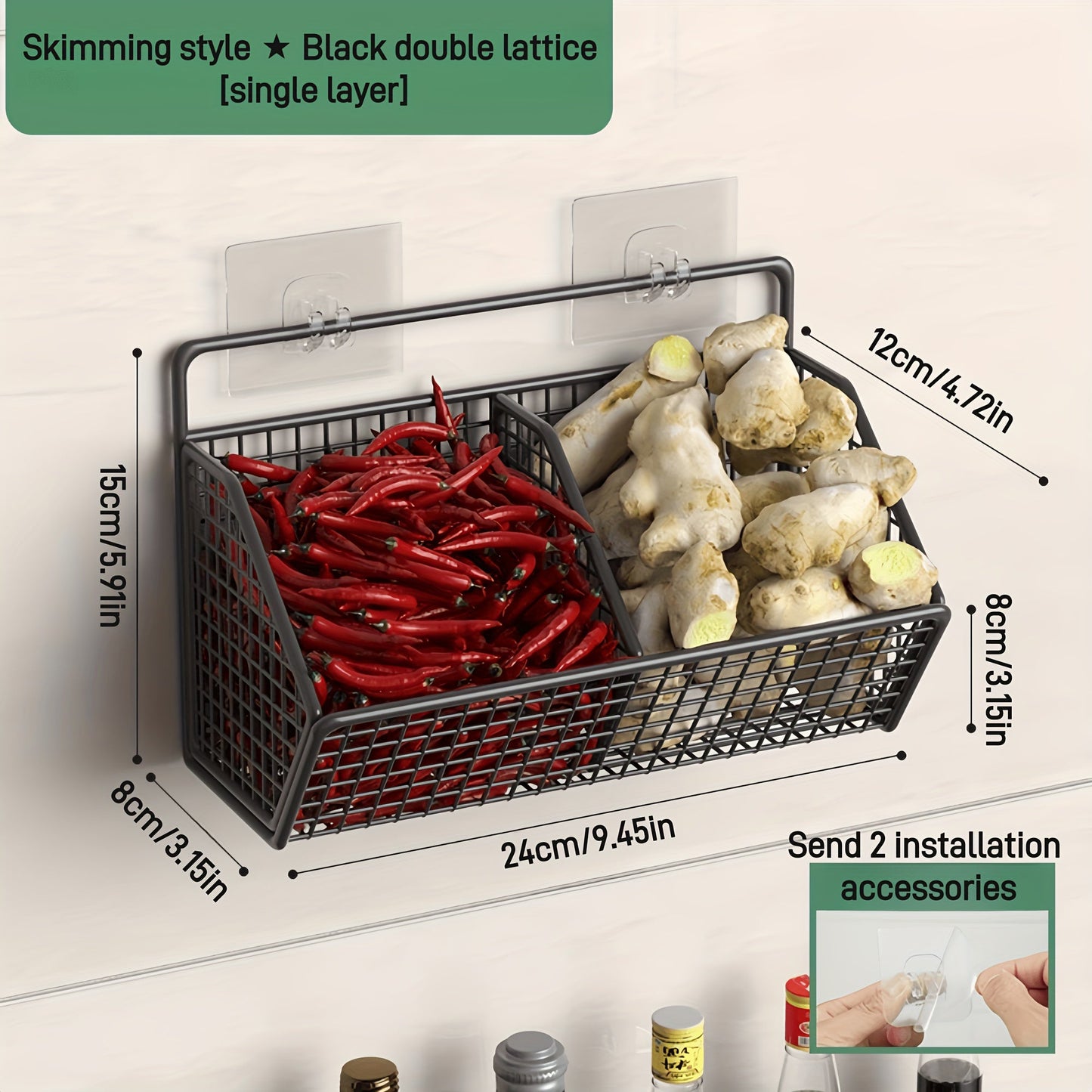 Wire fruit basket mounted on a wall, featuring three grid wire hanging compartments for kitchen or bathroom storage. Also doubles as a storage box, fruit rack, or wall-mounted storage solution for any room in the house.