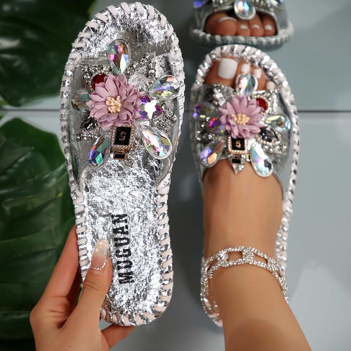 Floral Rhinestone Sandals crafted by hand